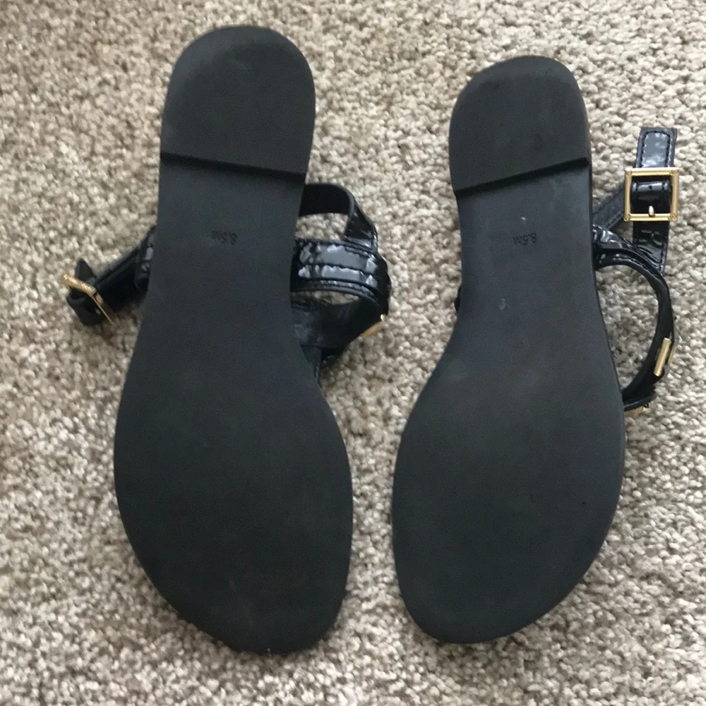 Tory Burch Black Patent Leather Logo Thong Sandals with Gold Medallion